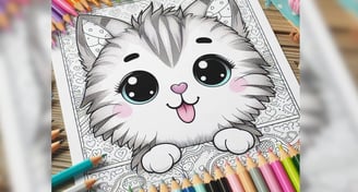 cute cat color page is on a table with colorful pencils
