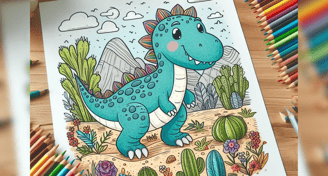 dinosaurs coloring sheet on a table surrounded by colorful pencils