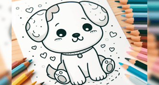 coloring page for for dog on a table sorrounded by colorful pencils