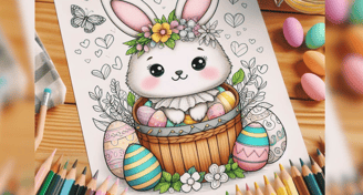 coloring page for easter on a table surrounded by colorful pencils
