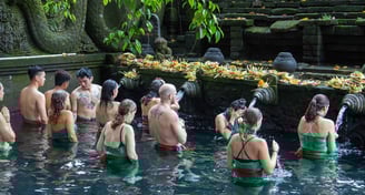 a group of people in green bathing suits in a pool