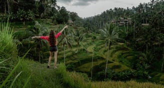 a woman standing on a hill with palm trees in the background
