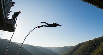 um homem está pulando de uma ponte sobre um rio