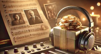 Una caja de regalo con unos auriculares puestos encima de un piano frente a una partitura