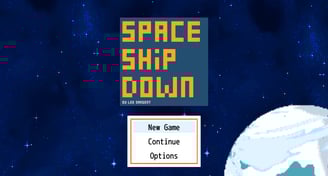 The title screen for the game Spaceship Down showing the logo, menu and a space background