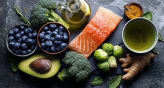 salmão cru, mirtilos, chá verde, raiz de cúrcuma, brócolis, abacate e uma pequena garrafa de azeite