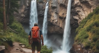A motorcycle is parked in a shallow stream surrounded by rocks and lush greenery, including trees and bushes. The motorcycle is loaded with gear, highlighting a sense of adventure and exploration.