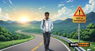 Anime-style symbolic illustration of a man walking along a winding road with a warning sign that says ‘Not a Shortcut’.