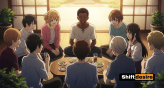 Anime-style group of diverse characters sitting in a circle