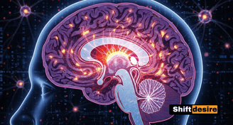 Anime-style cross-section of a human brain lit up with dopamine signals