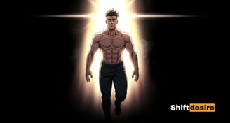 Man walking out of darkness into sunlight, anime inspirational style, glowing background, hope and transformation theme