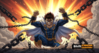 Anime hero figure getting up from the ground, surrounded by broken chains