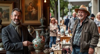 Un antiquaire dans un magasin d'antiquités, un brocanteur dans une brocante