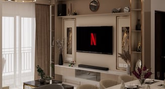 Theater area with TV unit with with 55 inch 4K TV with a high end sound system