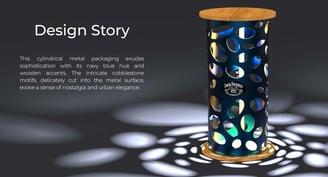 Jack Daniel’s packaging in navy blue metal with cutout patterns for light projection effect.