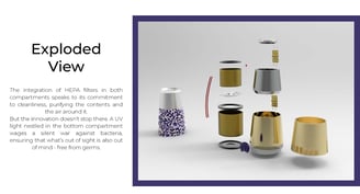 Exploded view of Blue Elegance bin highlighting filters, UV light, and inner structure layout.
