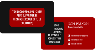 a red and black business card with white colored text