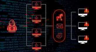 a computer screen with a red and black background