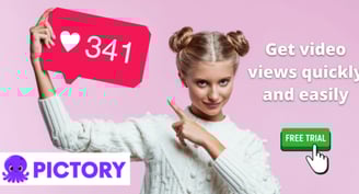 Pictory Logo and girl in sweater holding like button