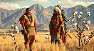 two Native Americans by cotton bushes