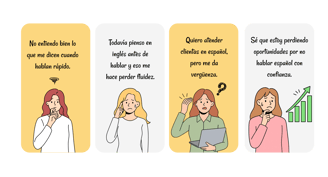 Mujeres que representan dificultades comunes al hablar español: no entender a perder oportunidades