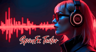 SpinFx Tailor with SpinFx Tailor headphones and headphones in front of a sound wave
