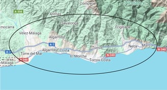 Core search area in Axarquia, Malaga, Costa del Sol