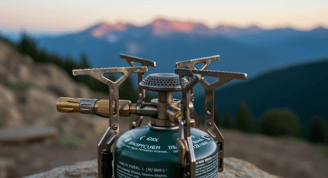 Traveler using a multi-fuel camping stove with mountain and trees in teh background