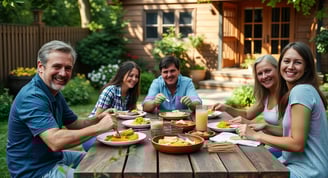 a group of people sitting at a table with food - Real Estate in Florida