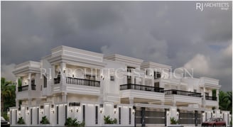 Modern white villa 3D rendering with black railings and lighting accents