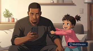 Father checking his phone while his daughter tries to pull his attention. Cinematic lighting, emotional realism, minimalist h