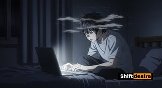 Anime-style scene of a young man alone in a dark bedroom, the only light coming from a glowing laptop screen.