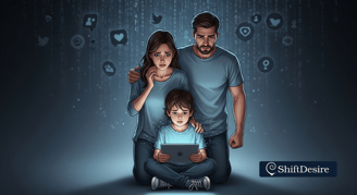 A powerful, emotional digital illustration of a concerned mother and father standing protectively behind their child, who is 