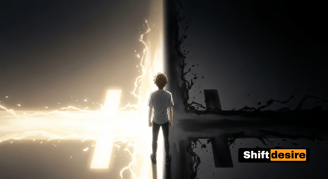 A young man standing at a crossroads, one path glowing with light (recovery)
