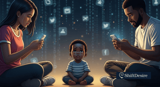 Family sitting on the floor in a cozy living room, laughing, playing a board game, phones set aside. Warm lighting, emotional