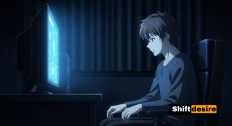 Young adult male sitting alone in a dark room, lit by the blue glow of a screen, anime realistic style, emotional tone, isola