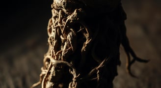 A close-up view of the root of a licorice plant, with its gnarled and knotted texture