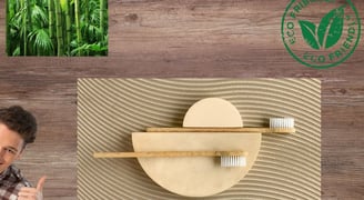 Bamboo toothbrushes, lush bamboo plants eco friendly symbol smiling man thumbs up
