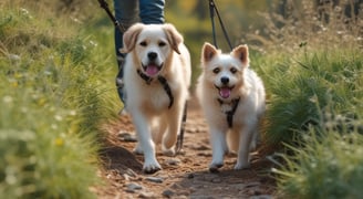 Two small fluffy Dogs strolling through the Woods on a leash