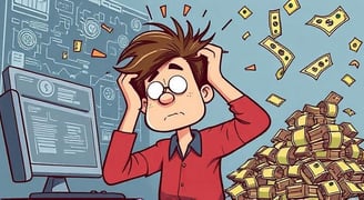 A cartoon showing someone pulling their hair out while looking at complex software, or piles of mone