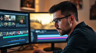 A person looking frustrated at a computer screen with complex video editing software