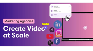 Marketing agencies and create video at scale on an image with social media icons and a laptop screen