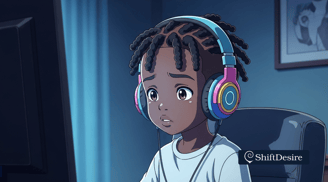 Child with headphones in front of a computer, dimly lit room, slight concern on their face, representing internet safety for 