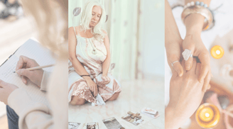 Journaling, tarot, and ritual touch—symbolic gateway into healing, myth, and soulful remembrance