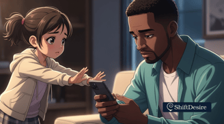 Father looking at his phone while his daughter tries to get his attention. Cinematic lighting, realistic, subtle sadness in h