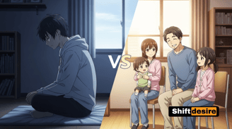 Split-screen anime illustration: on the left, the young man is alone and sad in a dim room