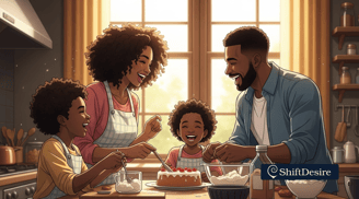 familia fazendo comida na cozinha e se divertindo