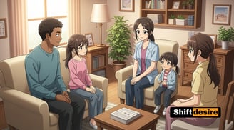 Anime-style illustration of a diverse family sitting in a cozy therapy room, speaking with a kind female therapist.