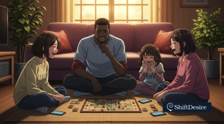 Emotional, cinematic digital illustration of a young child sitting on the floor, looking up sadly at their mother and father,