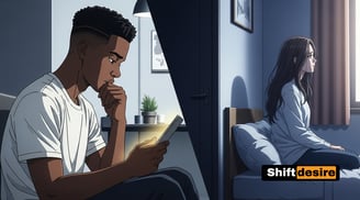 Split image: one side showing a man watching screen alone, other side showing emotional disconnection with partner, anime sto